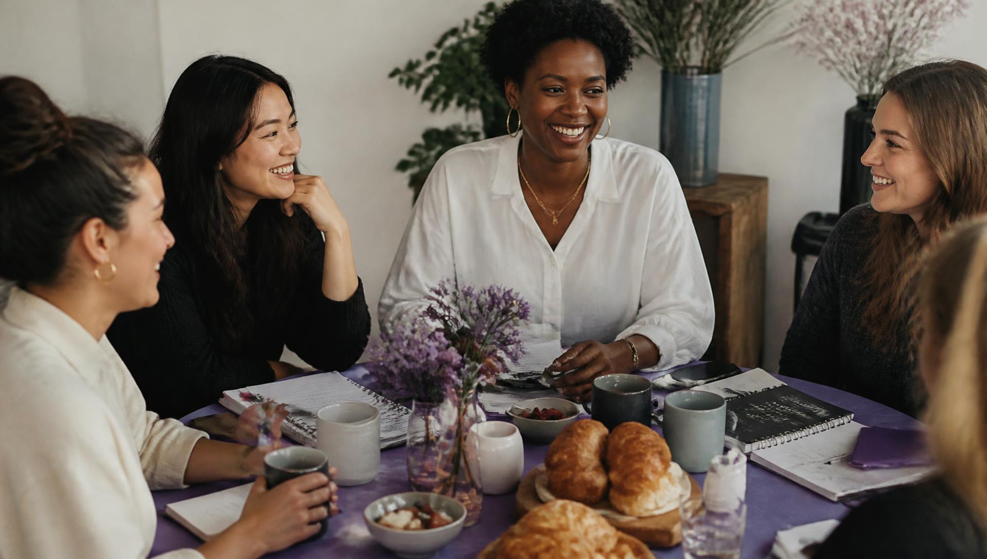 Female founders laughing together over a breakfast table